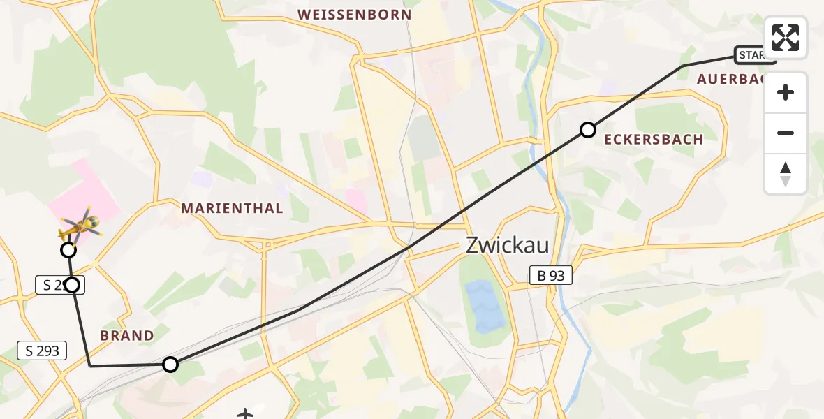 Flugroute Rettungshubschrauber Zwickau - ADAC Air Rescue Station Zwickau Heliport, 20 März 2026, 11:03