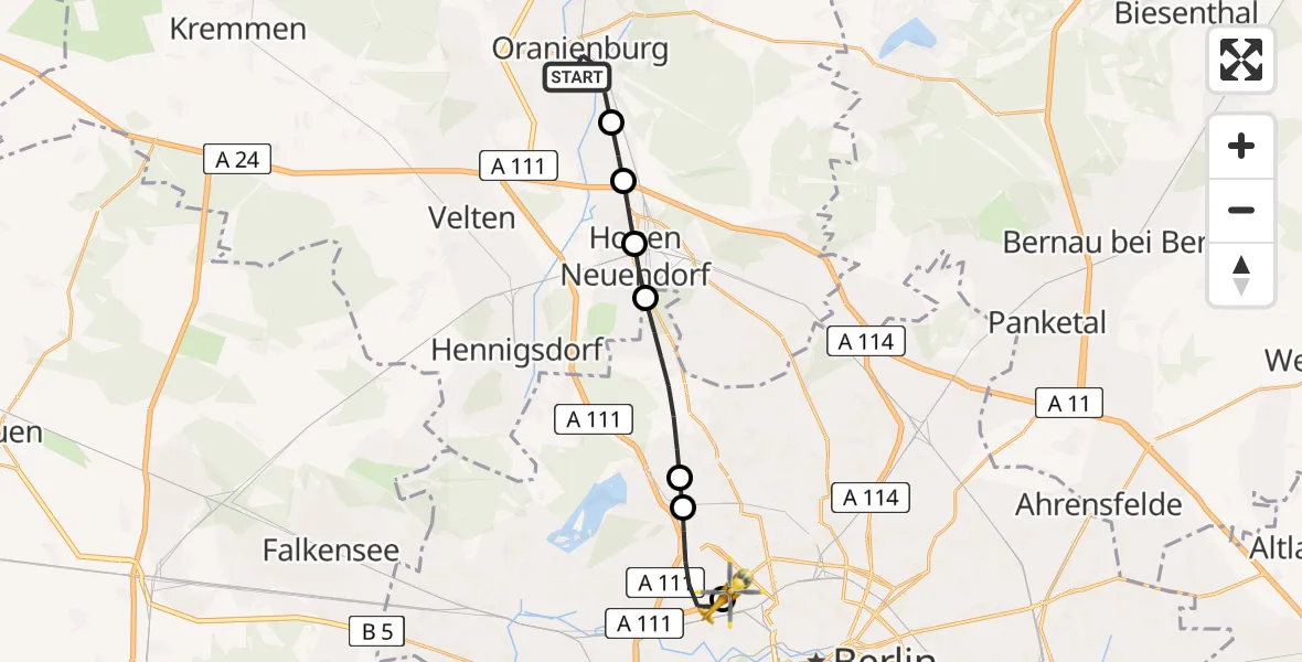 Flugroute Ambulanzhubschrauber Oranienburg - Charité Clinic Virchow Campus Heliport, 20 März 2026, 11:10