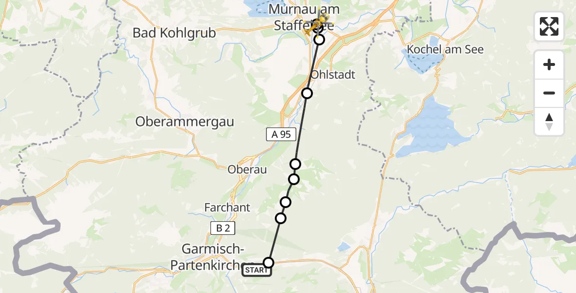 Flugroute Rettungshubschrauber Garmisch-Partenkirchen - Murnau Accident Hospital, 20 März 2026, 11:13
