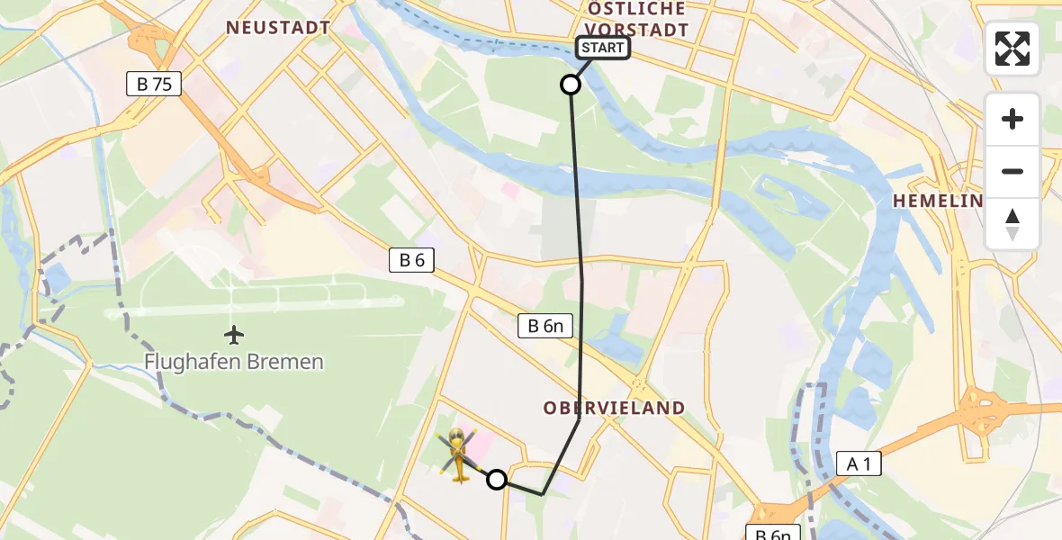 Flugroute Rettungshubschrauber Bremen-Ost - ADAC Air Rescue Station Bremen Heliport (Christoph 6), 20 März 2026, 11:16