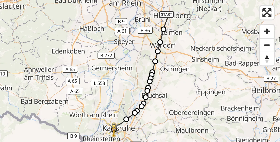 Flugroute Rettungshubschrauber Heidelberg - Sankt Vincentius Hospital, 20 März 2026, 11:28