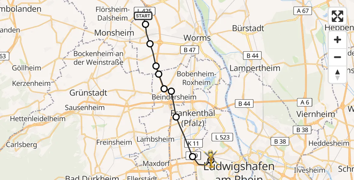 Routekaart van de vlucht: Rettungshubschrauber nach Ludwigshafen Accident Hospital, L 425