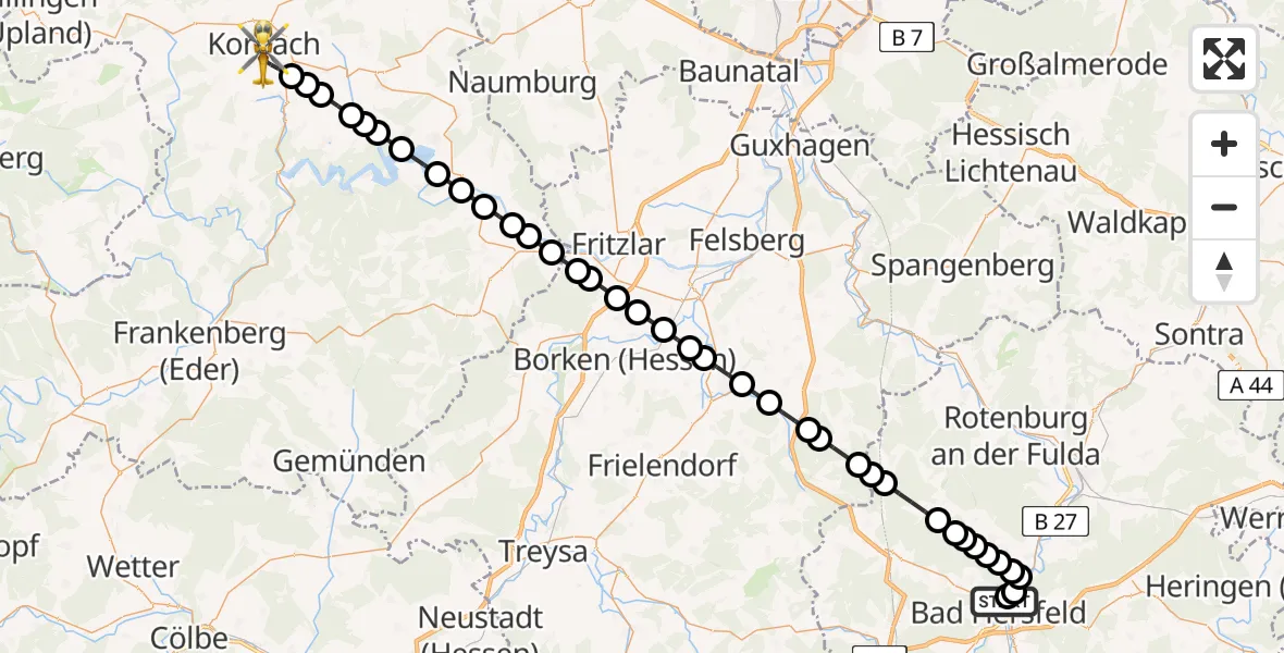 Flugroute Rettungshubschrauber Bad Hersfeld Hospital - Korbach, 20 März 2026, 11:34