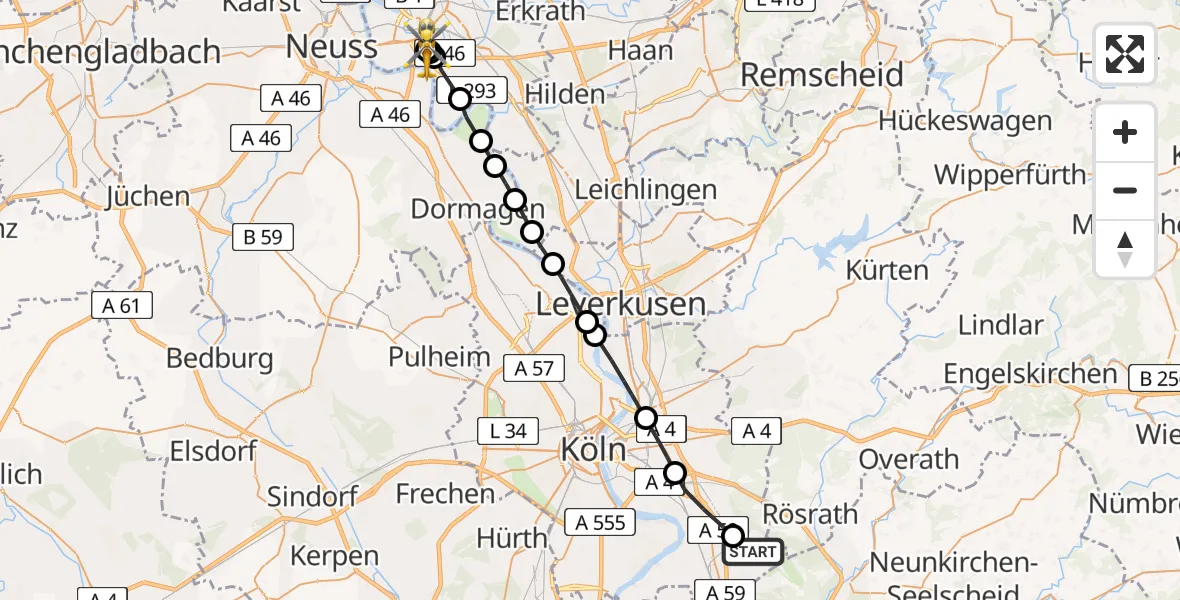 Flugroute Ambulanzhubschrauber Cologne Bonn Airport - Düsseldorf University Hospital, 20 März 2026, 11:45