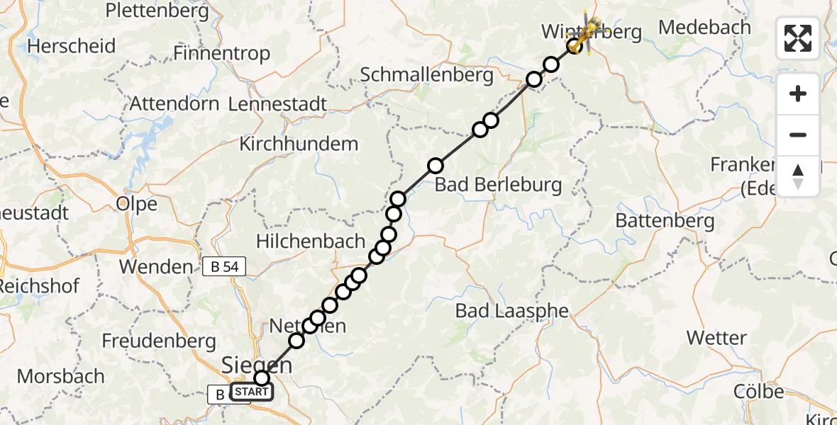 Flugroute Rettungshubschrauber Evangelisches Jung-Stilling Hospital - Winterberg, 20 März 2026, 11:46