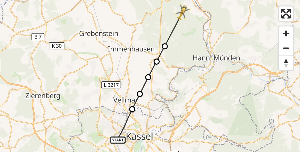 Flugroute Rettungshubschrauber Kassel - Gutsbezirk Reinhardswald, 20 März 2026, 11:56