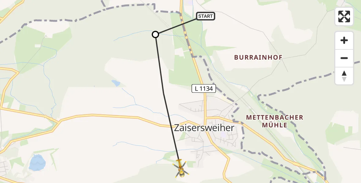 Flugroute Rettungshubschrauber Diefenbach - Zaisersweiher, 20 März 2026, 12:00