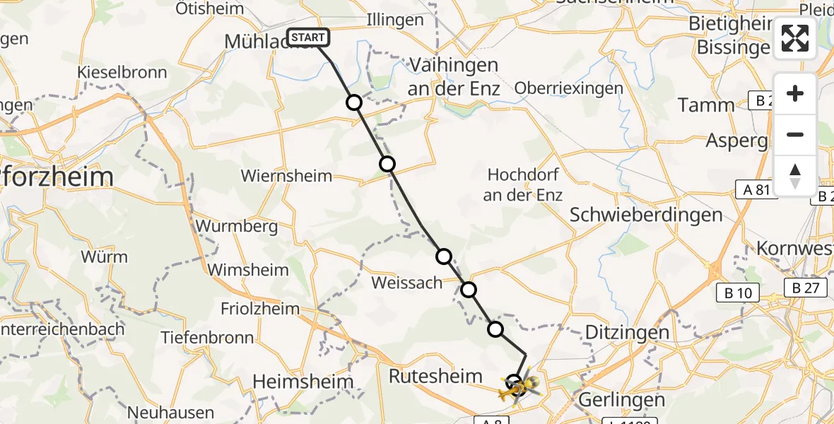 Flugroute Rettungshubschrauber Lomersheim - Leonberg Hospital, 20 März 2026, 12:21