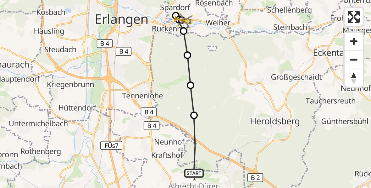 Flugroute Ambulanzhubschrauber Nuremberg Airport - Uttenreuth, 20 März 2026, 12:25