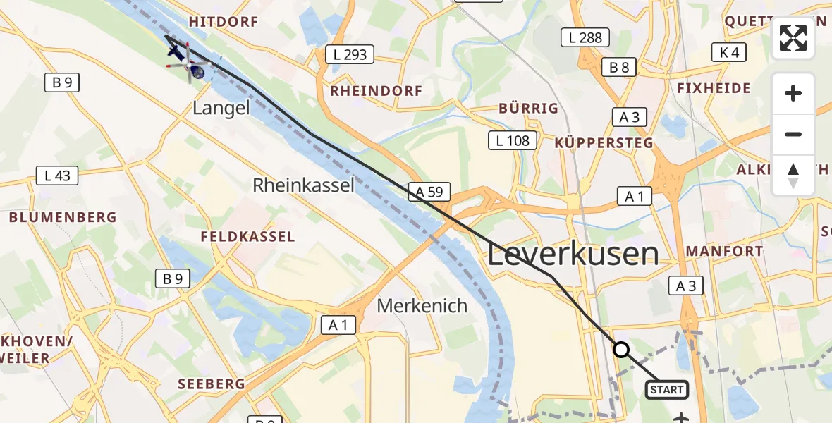 Flugroute Polizeihubschrauber Leverkusen Airfield - Chorweiler, 20 März 2026, 12:28