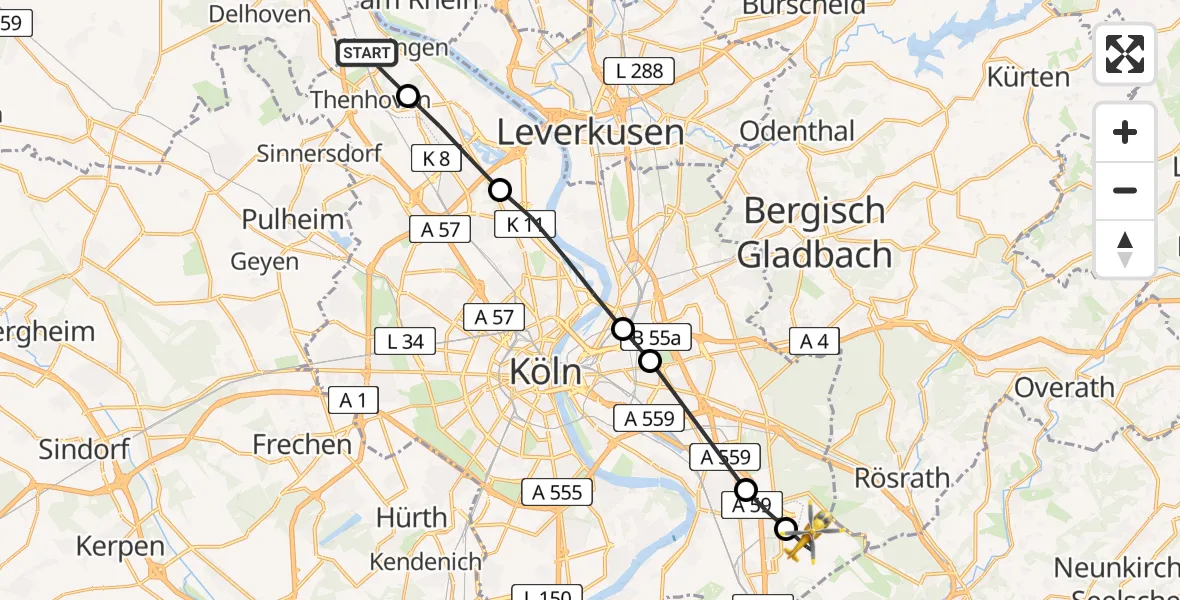 Flugroute Rettungshubschrauber Worringen - Cologne Bonn Airport, 20 März 2026, 12:30