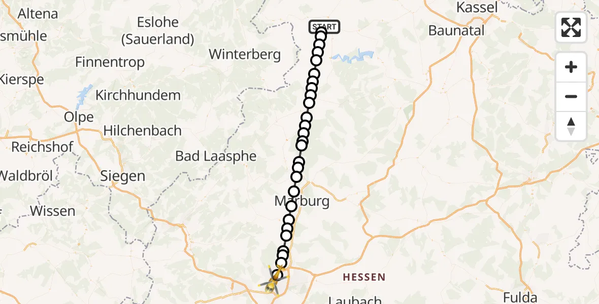 Flugroute Rettungshubschrauber Korbach - Gießen, 20 März 2026, 12:37
