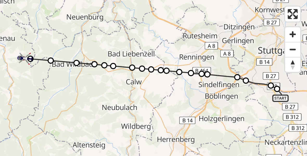 Routekaart van de vlucht: Polizeihubschrauber nach Loffenau, A 8