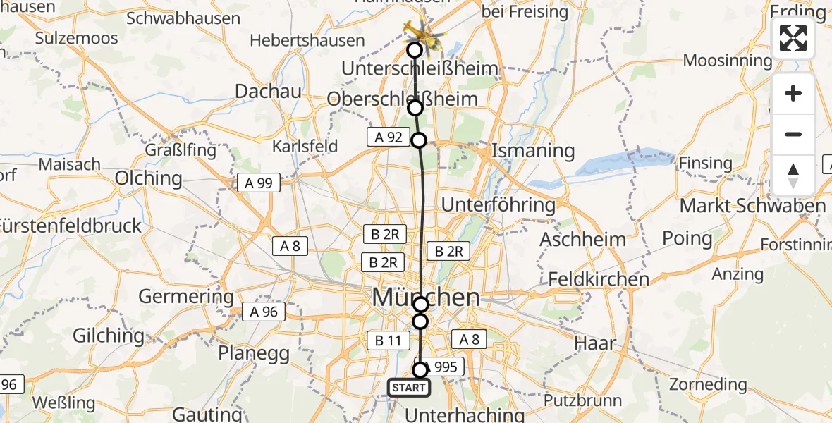Flugroute Rettungshubschrauber ADAC Air Rescue Center Heliport (Christoph 1) - Unterschleißheim, 20 März 2026, 12:46
