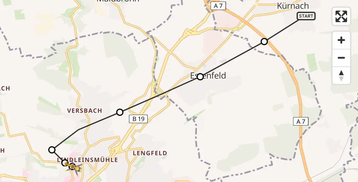 Routekaart van de vlucht: Rettungshubschrauber nach Würzburg University Hospital Rooftop, Am Trieb
