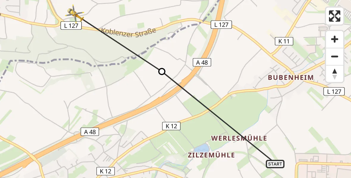 Flugroute Rettungshubschrauber Bubenheim - Mülheim-Kärlich, 20 März 2026, 12:57