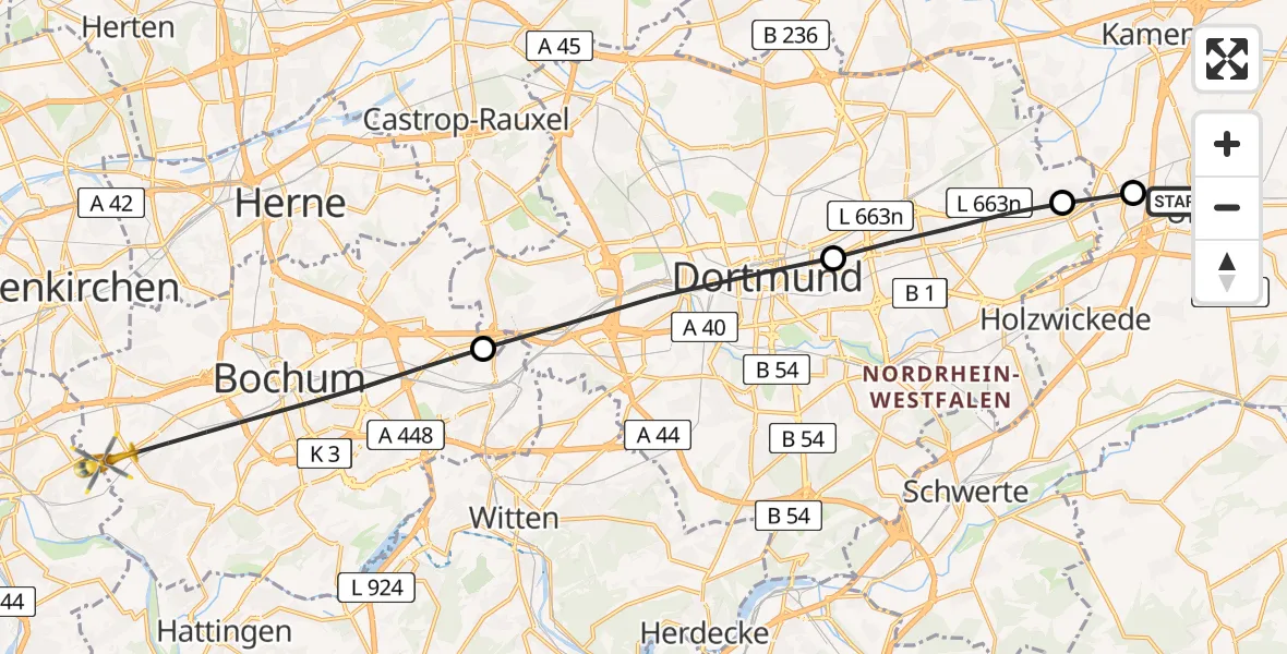 Flugroute Rettungshubschrauber Christian Hospital Unna Central - Bochum, 20 März 2026, 13:02