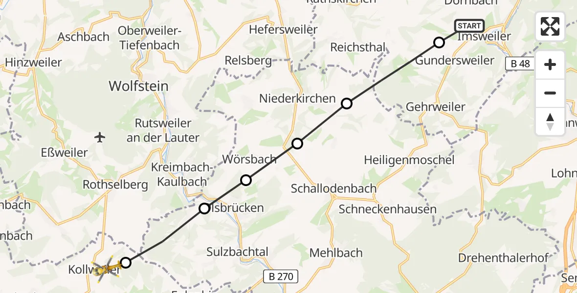Flugroute Rettungshubschrauber Imsweiler UL - Kollweiler, 20 März 2026, 13:05