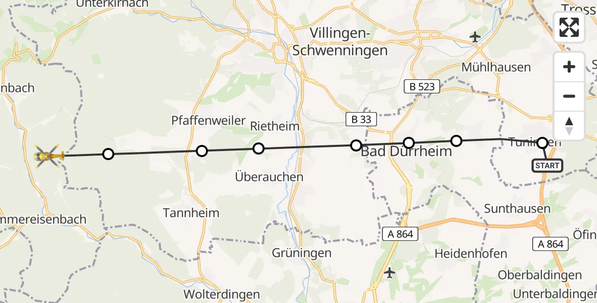 Flugroute Rettungshubschrauber Sunthausen - Vöhrenbach, 20 März 2026, 13:18