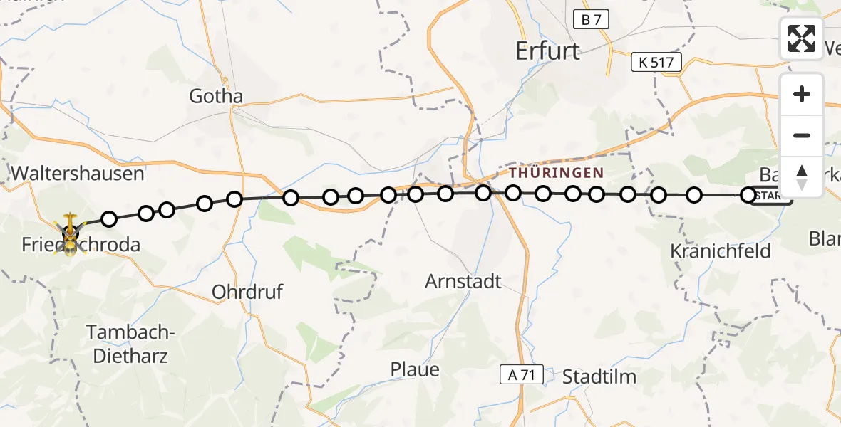 Flugroute Ambulanzhubschrauber Bad Berka - Friedrichroda, 20 März 2026, 13:23