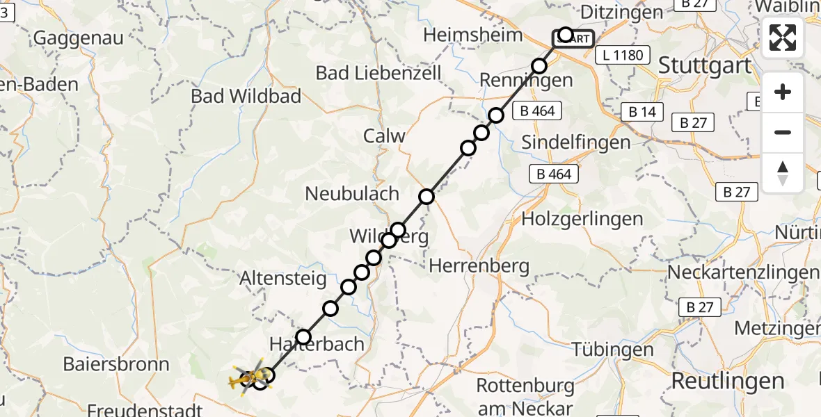 Flugroute Rettungshubschrauber Leonberg Hospital - Cresbach, 20 März 2026, 13:30