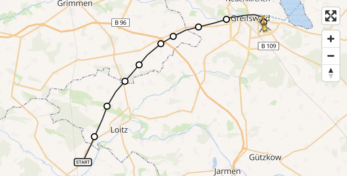 Routekaart van de vlucht: Rettungshubschrauber nach Greifswald Hospital