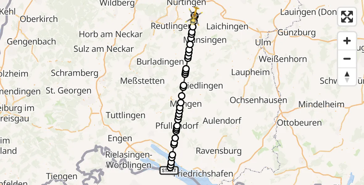 Flugroute Rettungshubschrauber Konstanz Hospital - Erkenbrechtsweiler, 20 März 2026, 13:38