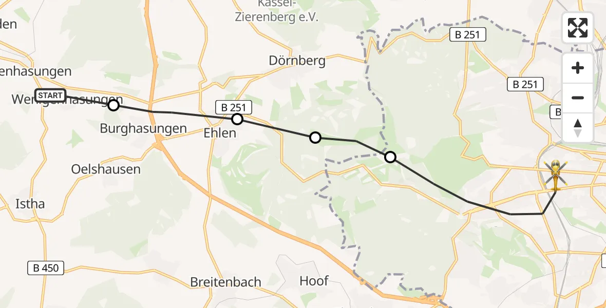 Flugroute Rettungshubschrauber Wenigenhasungen - Kassel, 20 März 2026, 13:44