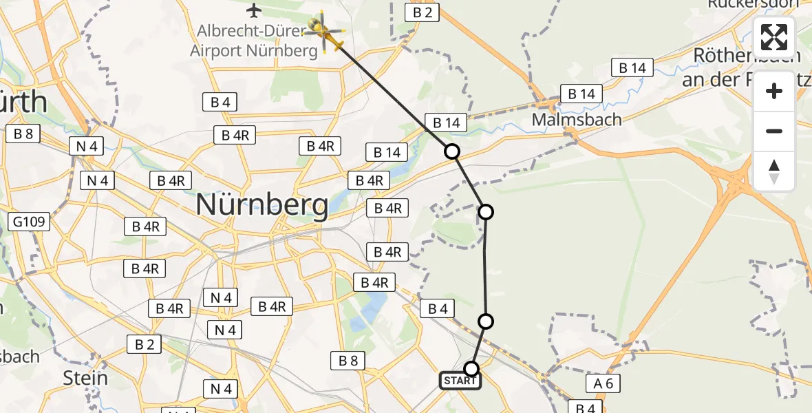 Flugroute Rettungshubschrauber Nürnberg South Hospital - Nuremberg Airport, 20 März 2026, 13:45