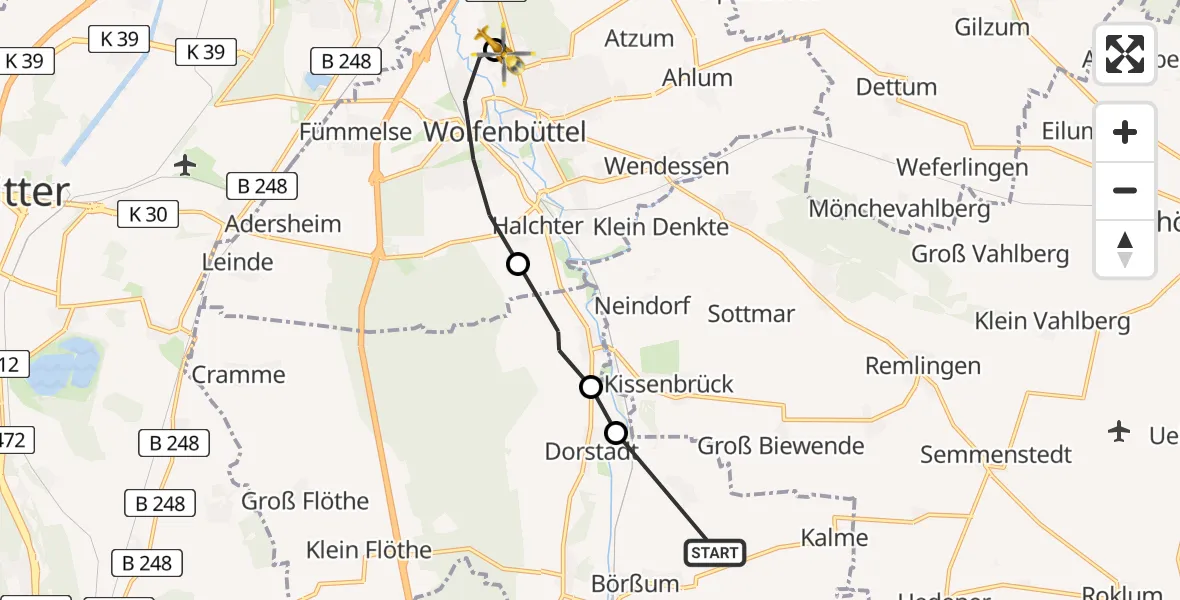 Flugroute Rettungshubschrauber Börßum - Wolfenbüttel Municipal Hospital Heliport (Christoph 30), 20 März 2026, 14:02