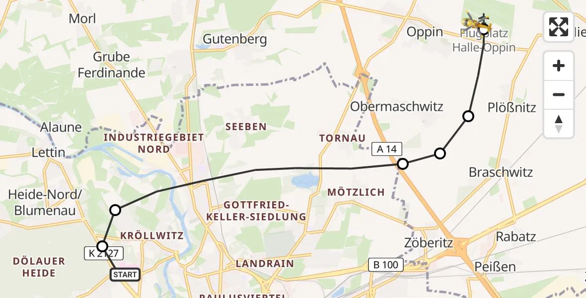 Flugroute Ambulanzhubschrauber Halle (Saale) University Hospital - Halle-Oppin Airfield, 20 März 2026, 14:05