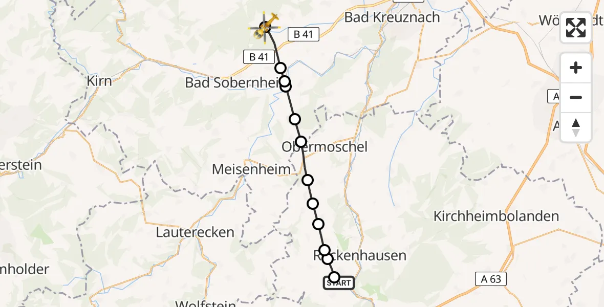 Flugroute Rettungshubschrauber Imsweiler UL - Bockenau, 20 März 2026, 14:08