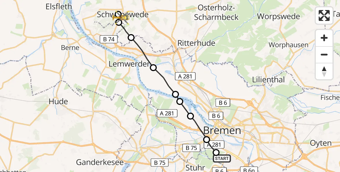 Flugroute Rettungshubschrauber Bremen-Süd - Schwanewede, 20 März 2026, 14:12