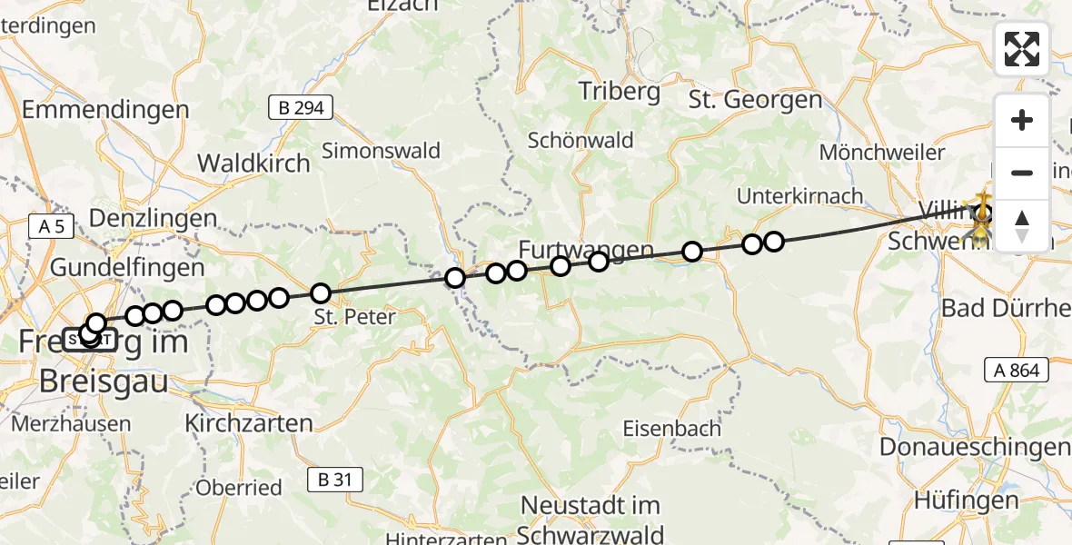 Flugroute Rettungshubschrauber Freiburg University Hospital Heliport 1 - DRF Air Rescue Station Villingen-Schwenningen Heliport (Christoph 11), 20 März 2026, 14:16