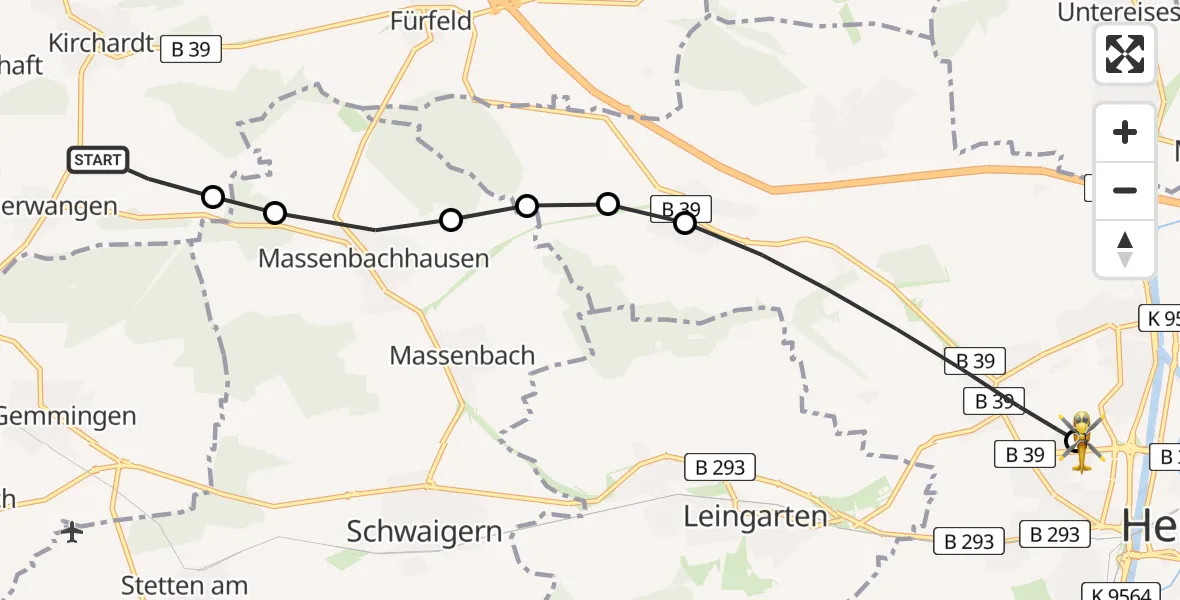 Flugroute Rettungshubschrauber Berwangen - Heilbronn Hospital, 20 März 2026, 14:17