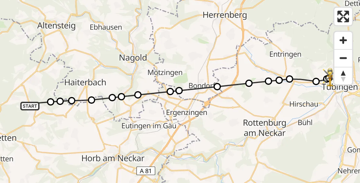 Flugroute Rettungshubschrauber Cresbach - Tübingen University Hospital, 20 März 2026, 14:18