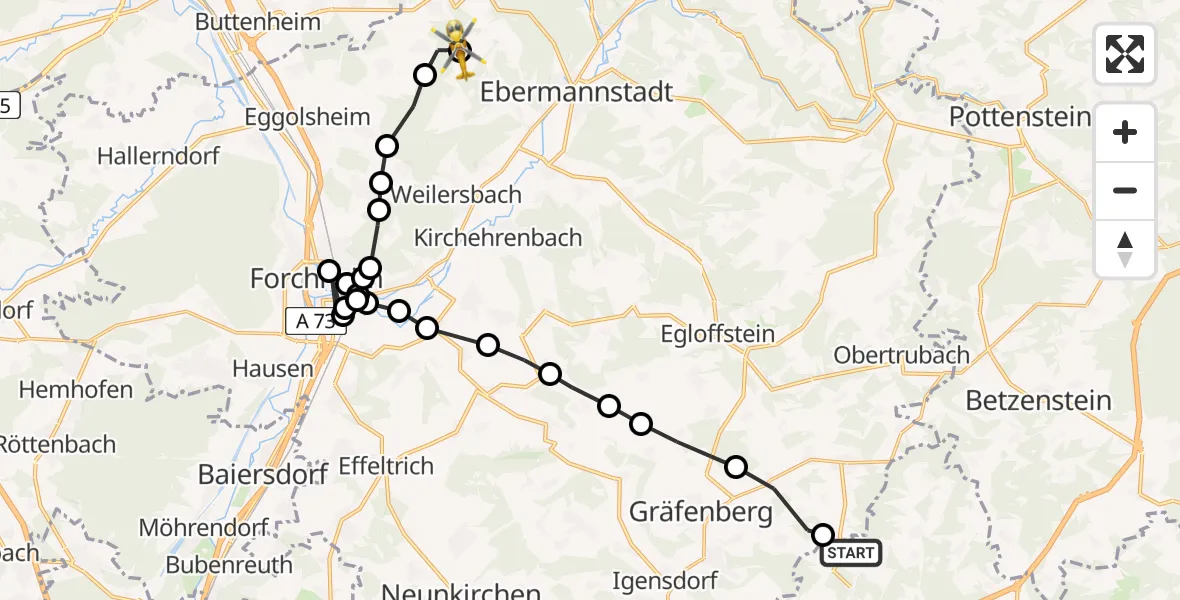 Flugroute Rettungshubschrauber Winterstein - Burg Feuerstein Airport, 20 März 2026, 14:35