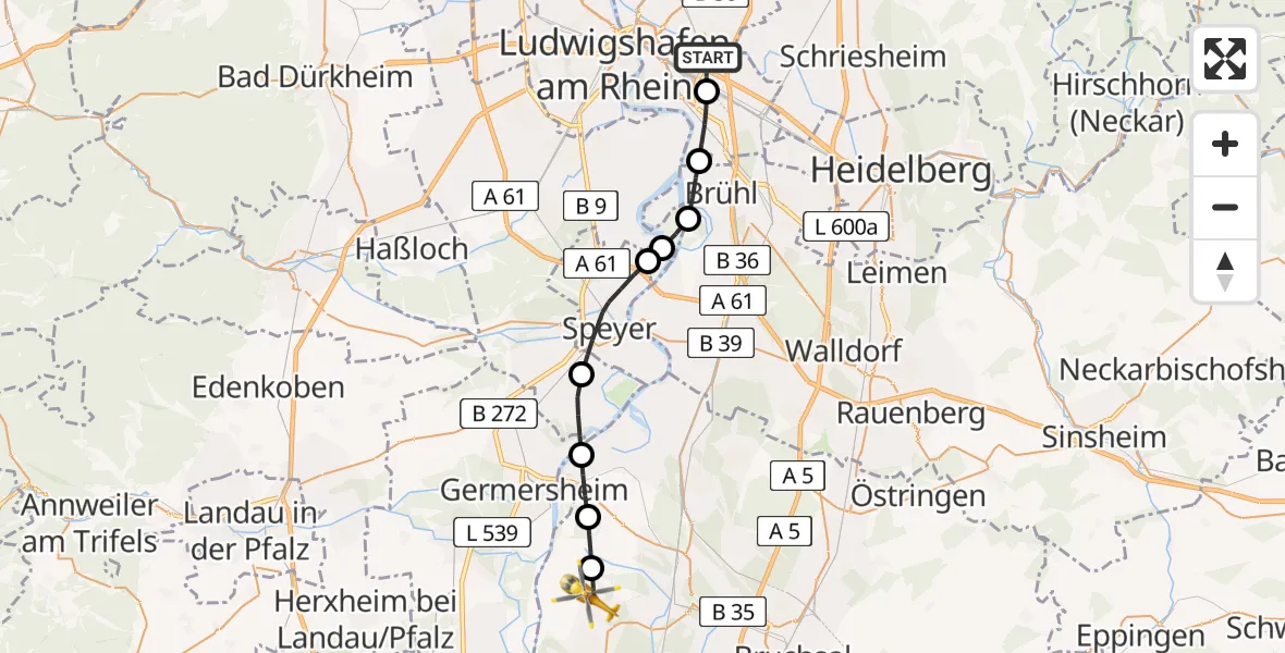 Flugroute Rettungshubschrauber Mannheim-City Airport - Liedolsheim, 20 März 2026, 14:39