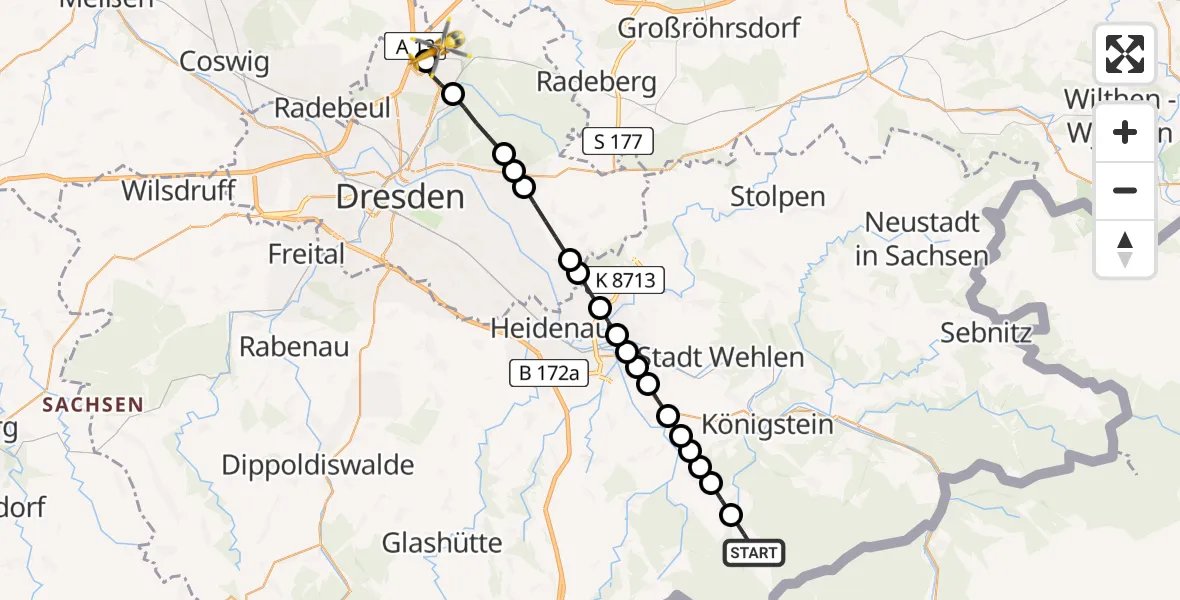 Routekaart van de vlucht: Rettungshubschrauber nach Dresden Federal Police Heliport