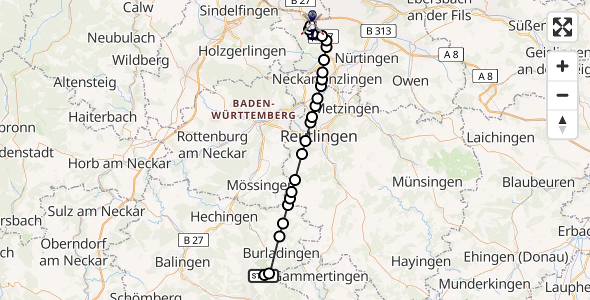 Flugroute Polizeihubschrauber Albstadt-Degerfeld Airfield - Flughafen Stuttgart, 20 März 2026, 14:45
