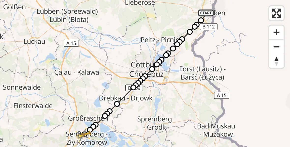 Routekaart van de vlucht: Ambulanzhubschrauber nach ADAC Luftrettungsstation Senftenberg Hubschrauberlandeplatz