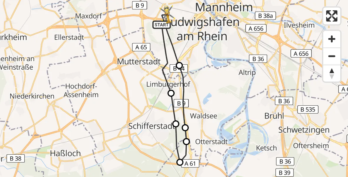 Flugroute Rettungshubschrauber Ludwigshafen am Rhein - Ludwigshafen Accident Hospital Hubschrauberlandeplatz, 20 März 2026, 15:02