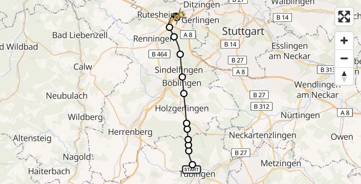 Flugroute Rettungshubschrauber Tübingen University Hospital - Leonberg Hospital, 20 März 2026, 15:08