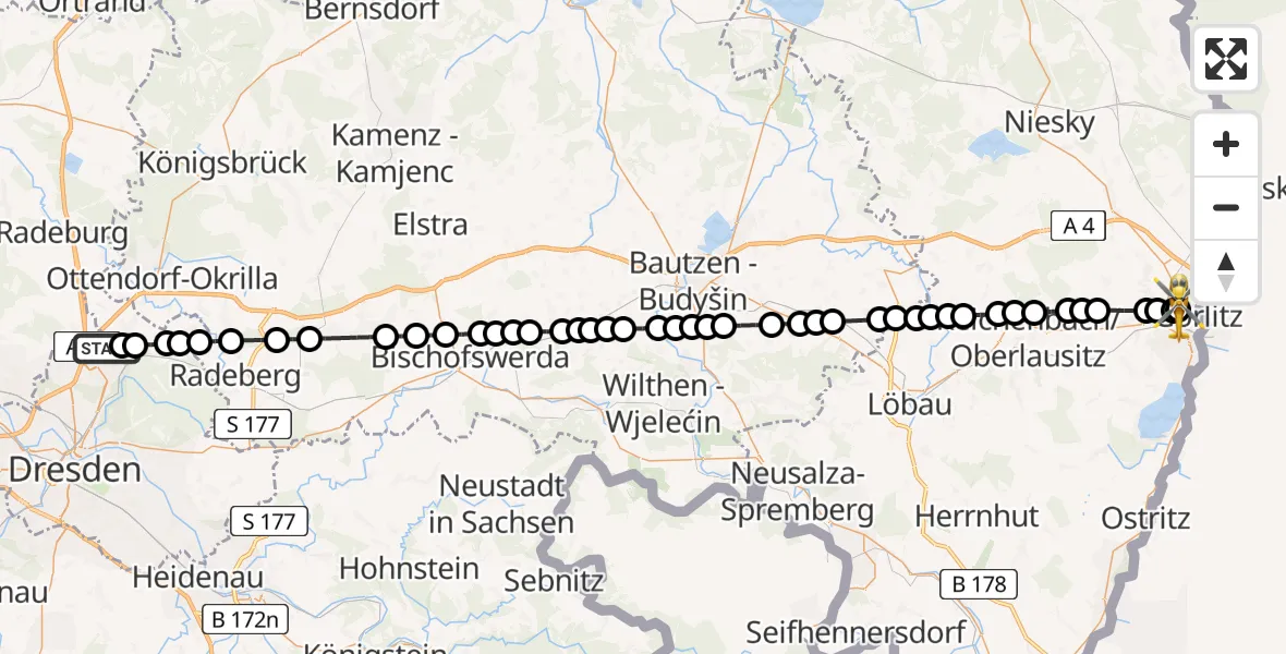 Flugroute Rettungshubschrauber Dresden Bundespolizei Hubschrauberlandeplatz - Görlitz Hospital, 20 März 2026, 15:10