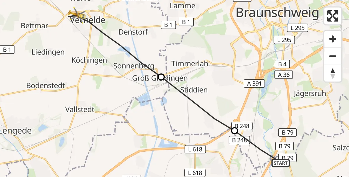 Flugroute Rettungshubschrauber Braunschweig-Süd - Vechelde, 20 März 2026, 15:15