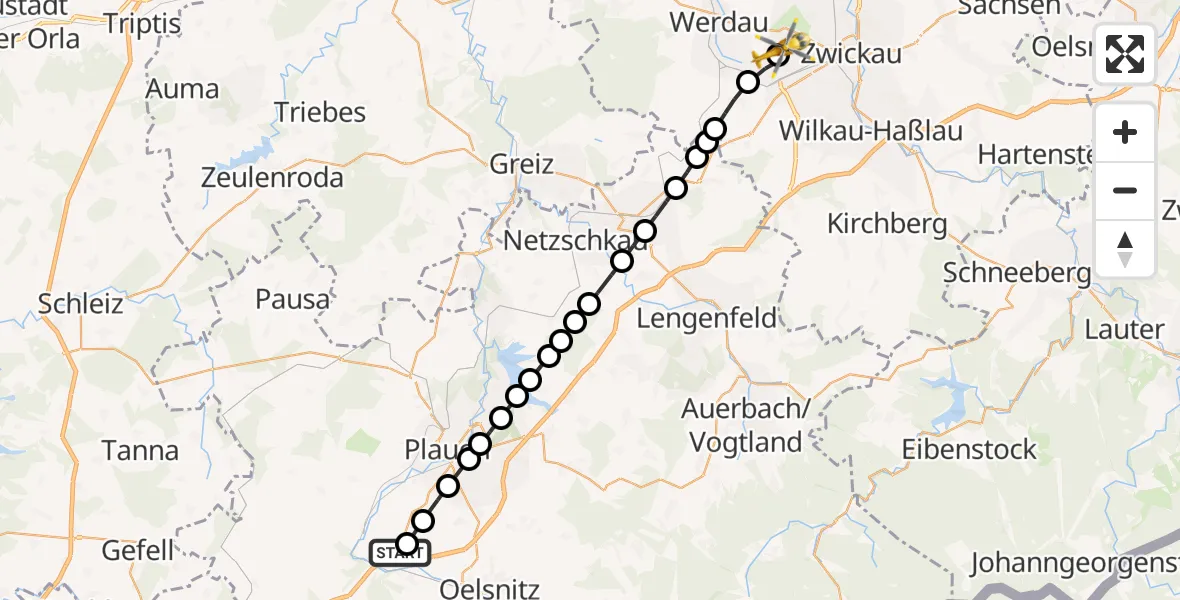 Routekaart van de vlucht: Rettungshubschrauber nach ADAC Air Rescue Station Zwickau Hubschrauberlandeplatz