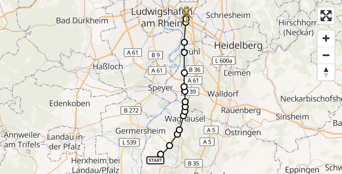 Flugroute Rettungshubschrauber Liedolsheim - Mannheim-City Flughafen, 20 März 2026, 15:19