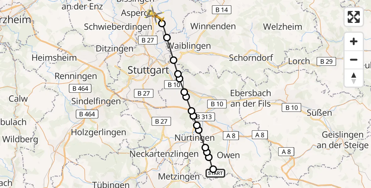 Routekaart van de vlucht: Rettungshubschrauber nach Ludwigsburg, Hegelstraße