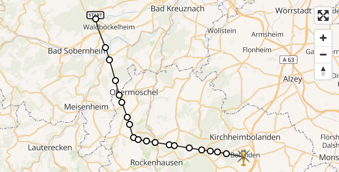 Flugroute Rettungshubschrauber Bockenau - Bolanden, 20 März 2026, 15:31