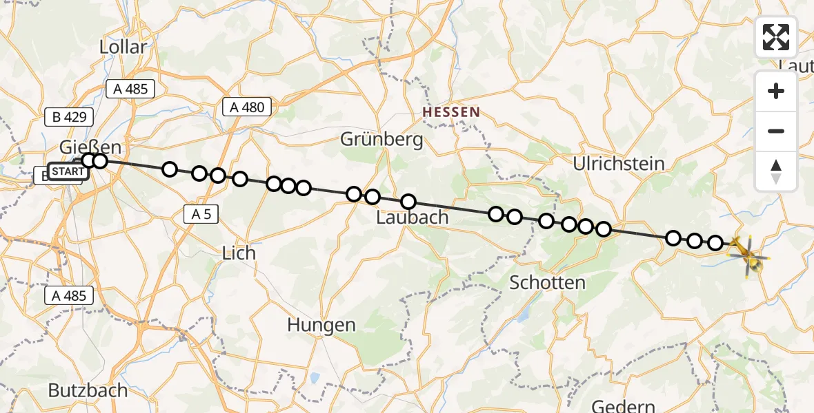 Flugroute Rettungshubschrauber Gießen - Ilbeshausen-Hochwaldhausen, 20 März 2026, 15:34
